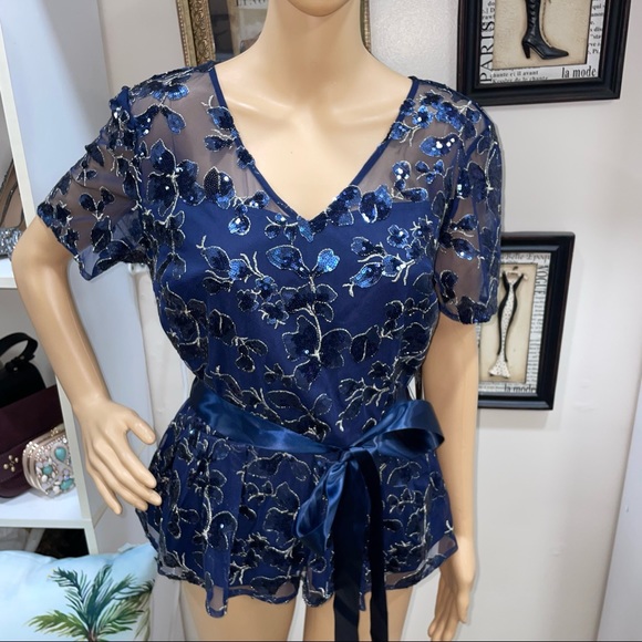 Tahari Arthur S. Levine NWT! Navy/Gold Floral Embroidery Sequins Blouse Size L - Picture 6 of 17